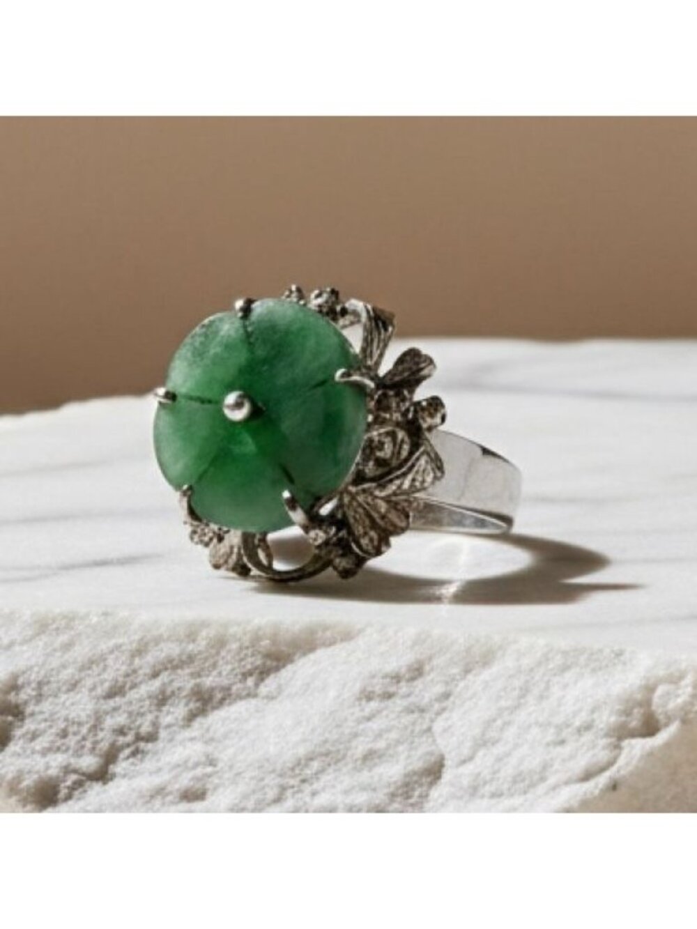 Sterling Silver Jade Ring Floral Design Size 7.5 Vintage Art Deco Statement